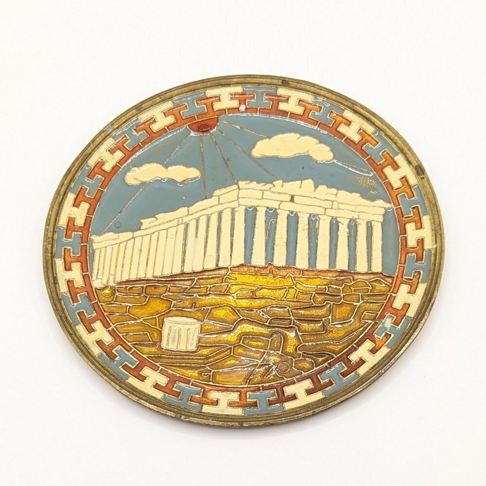 Vintage Greek Acropolis Brass Enamel Painted‎ Parthenon Plate Souvenir